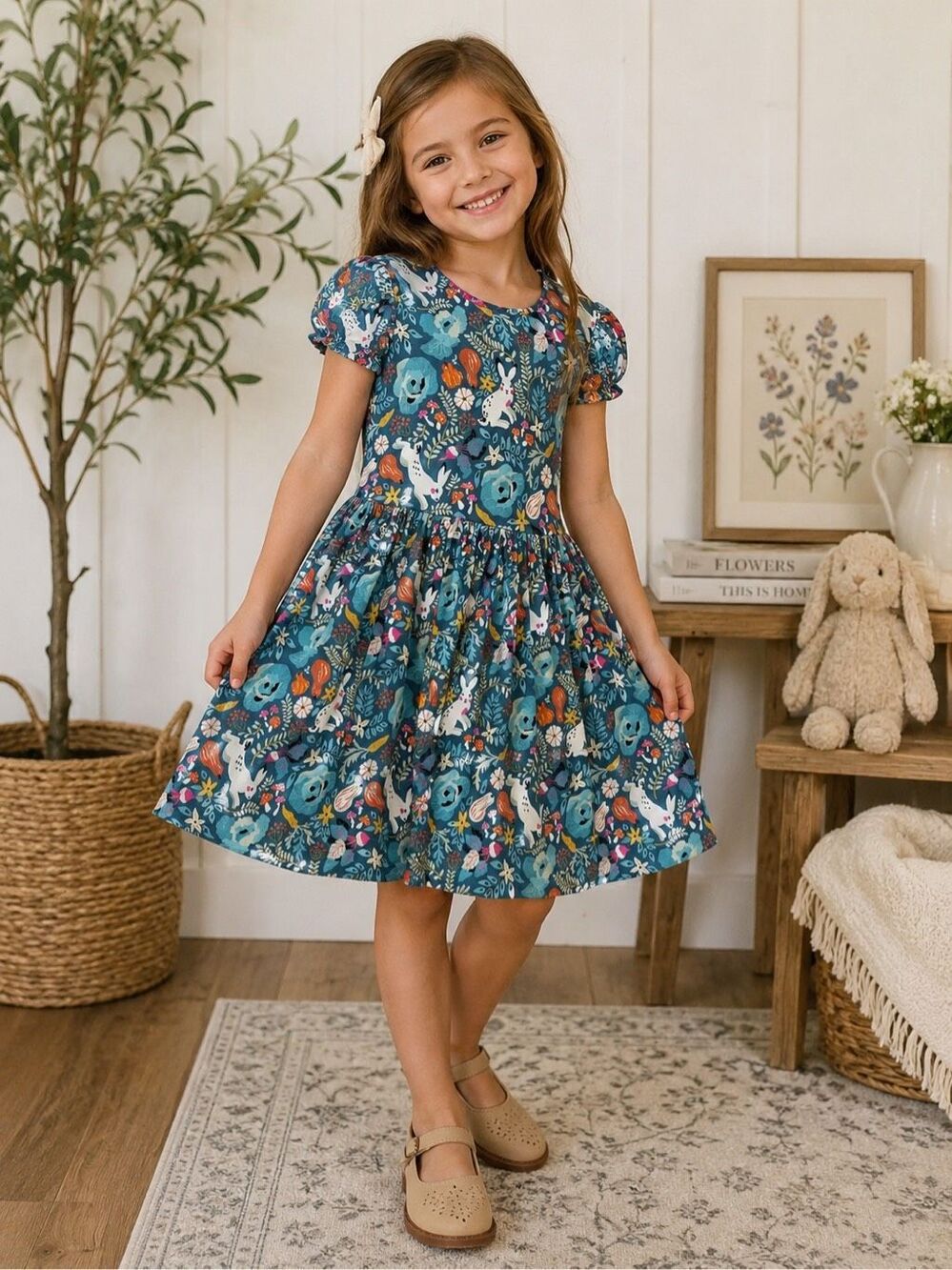 Sweet Petunia Woodland Bunny & Floral Twirl Dress Girls Size 6